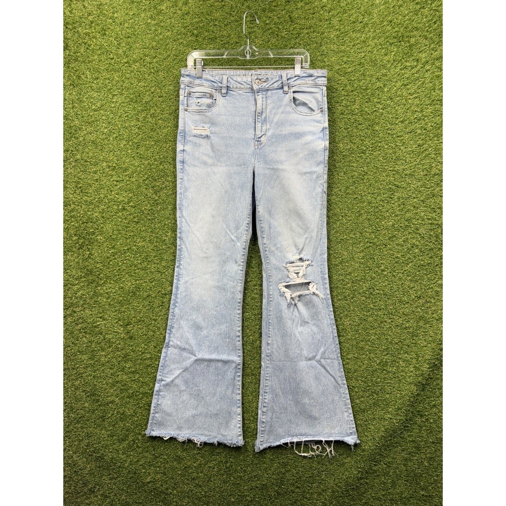AE American Eagle Jeans Women 14 X-Long Super High-Rise Flare Light Wash Denim
